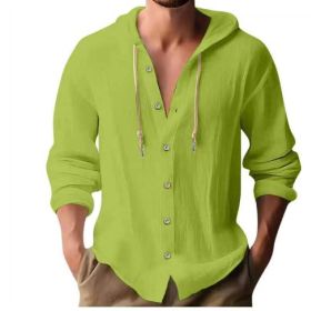 Cotton And Linen Shirt Hooded Sweater Button Long Sleeve (Option: Fruit green-M)