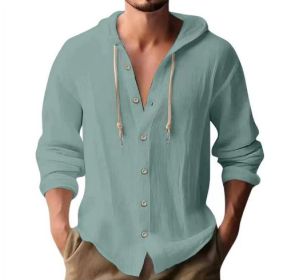 Cotton And Linen Shirt Hooded Sweater Button Long Sleeve (Option: Grey blue-M)