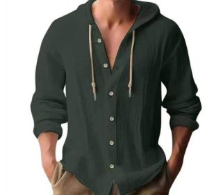 Cotton And Linen Shirt Hooded Sweater Button Long Sleeve (Option: Dark green-S)