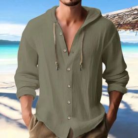 Cotton And Linen Shirt Hooded Sweater Button Long Sleeve (Option: Army Green-S)