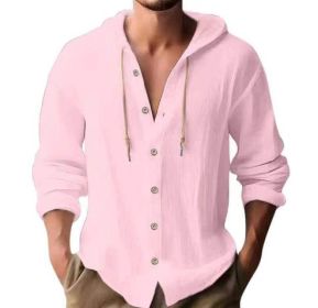 Cotton And Linen Shirt Hooded Sweater Button Long Sleeve (Option: Pink-S)