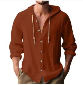 Cotton And Linen Shirt Hooded Sweater Button Long Sleeve (Option: Brick red-XL)