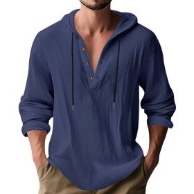 New Wish Cotton Linen Shirt Hooded Sweater Long Sleeve Hooded Casual Daily Clothing (Option: Navy Blue-L)