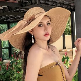 Women's Seaside Summer Vacation Foldable Sun Hat With Wide Brim (Option: Khaki-Average Size)
