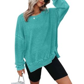 Womens Waffle Knit Crewneck Sweatshirts Long Sleeve Side Slits Casual Pullover Sweatshirt Tops (Option: Sky Blue-2XL)