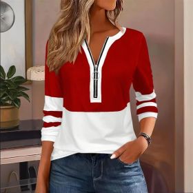 Women's Zip-Up Round Neck Long Sleeve Sweatshirt With Color Block Stripes - Casual Pullover Top For Spring&Fall (Option: Red-S)