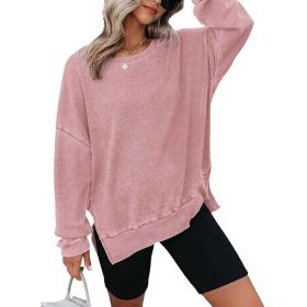 Womens Waffle Knit Crewneck Sweatshirts Long Sleeve Side Slits Casual Pullover Sweatshirt Tops (Option: Pink-2XL)