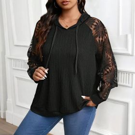 Women's Plus Size Hoodie Lace Long Sleeve Pullover Top, Fall Casual Drawstring Sweatshirt (Option: Black-1XL)