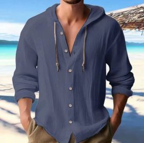 Cotton And Linen Shirt Hooded Sweater Button Long Sleeve (Option: Navy Blue-L)