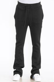 Mens Solid Fleece Flare Stacked PANTS (Color: Black, size: L)