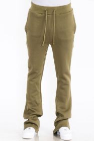 Mens Solid Fleece Flare Stacked PANTS (Color: OLIVE, size: M)