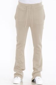 Mens Solid Fleece Flare Stacked PANTS (Color: OATMEAL, size: L)