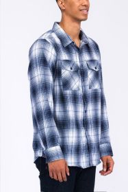 Regular Fit Checker Plaid Flannel Long Sleeve (Color: NAVY WHITE, size: L)