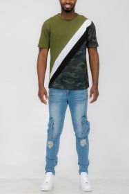 SHORT SLEEVE CAMO COLOR BLOCK TSHIRT (Color: OLIVE, size: M)
