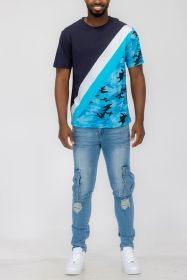 SHORT SLEEVE CAMO COLOR BLOCK TSHIRT (Color: NAVY, size: M)