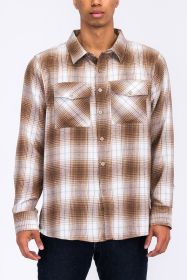 Regular Fit Checker Plaid Flannel Long Sleeve (Color: KHAKI WHITE, size: L)