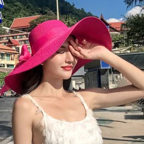 Women's Seaside Summer Vacation Foldable Sun Hat With Wide Brim (Option: Rose Red-Average Size)