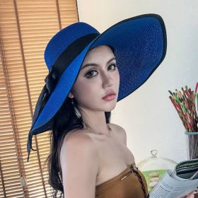 Women's Seaside Summer Vacation Foldable Sun Hat With Wide Brim (Option: Black Edge Sapphire Blue-Average Size)