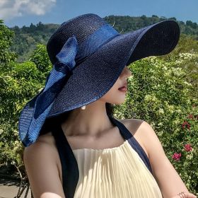Women's Seaside Summer Vacation Foldable Sun Hat With Wide Brim (Option: Navy Blue-Average Size)
