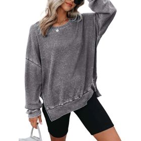 Womens Waffle Knit Crewneck Sweatshirts Long Sleeve Side Slits Casual Pullover Sweatshirt Tops (Option: Gray-2XL)