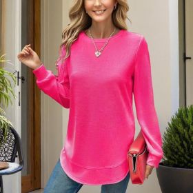 Women's Elegant Solid Color Long Sleeve Crewneck Sweatshirt, Casual Basic Pullover Top For Spring And Fall (Option: Rose Red-S)