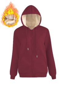 Warm Berber Fleece Pocket Hooded Sweatshirt Coat (Option: Wine Red Thread Zipper-S)