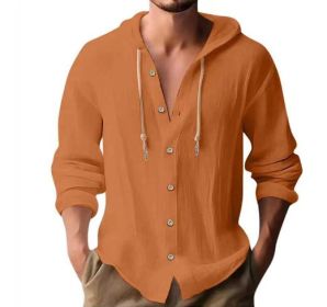 Cotton And Linen Shirt Hooded Sweater Button Long Sleeve (Option: Orange-XXXL)