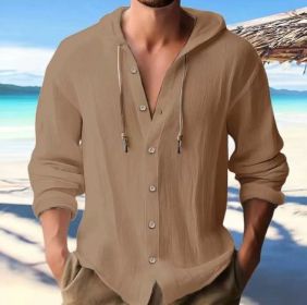 Cotton And Linen Shirt Hooded Sweater Button Long Sleeve (Option: Dark brown-XXXL)