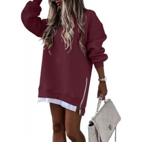 Fall Winter Fashion Stitching Side Zipper Design Pullover Sweater For Women (Option: Wine Red-L)
