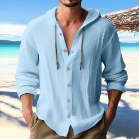 Cotton And Linen Shirt Hooded Sweater Button Long Sleeve (Option: Sky Blue-L)