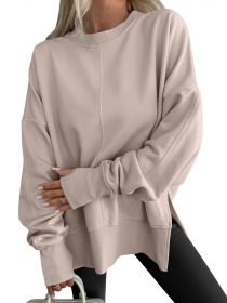 Fashion Casual Round Neck Pullover Loose Sports Long-sleeved Sweater (Option: Light Khaki-2XL)