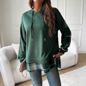 Women's Vintage Oversized Hoodie With Plaid Patchwork Stylish Y2k Clothing Streetwear Round Neck Hooded Long Sleeve Sweatshirts (Option: Green-XL)